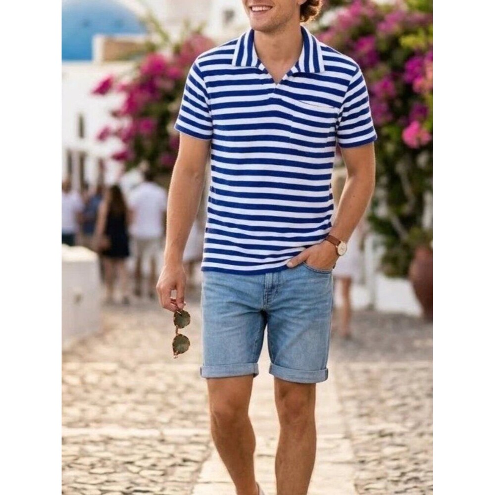 Criquet Terrycloth Striped Men's Polo T-Shirt Printed Short Sleeve Navy M 290278